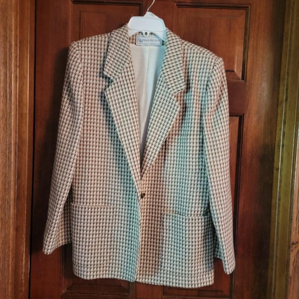 Evan Picone houndstook jacket and camel color wool skirt